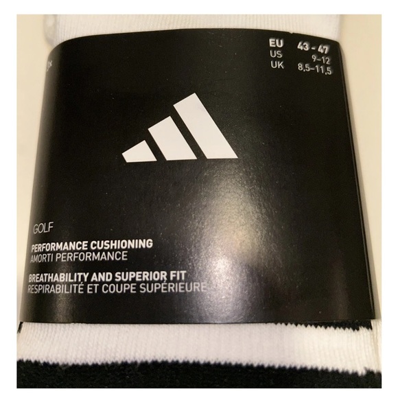 Adidas Golf Crew Socks 3 Pair Men 9-12 White Black 3 Stripe & Logo Cushioned NEW - Picture 4 of 11